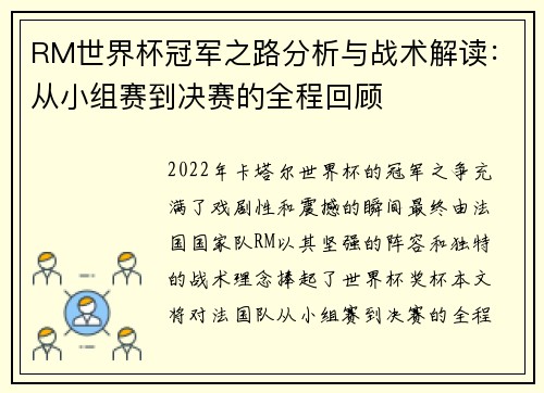 RM世界杯冠军之路分析与战术解读：从小组赛到决赛的全程回顾
