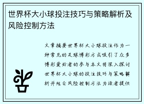 世界杯大小球投注技巧与策略解析及风险控制方法
