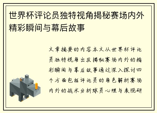 世界杯评论员独特视角揭秘赛场内外精彩瞬间与幕后故事
