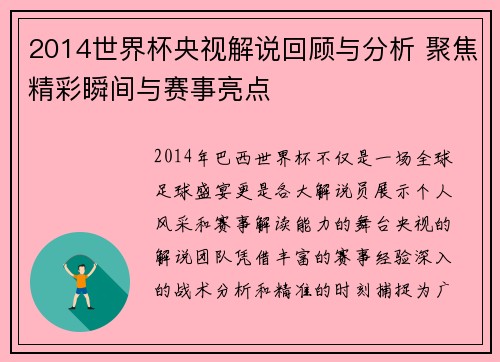 2014世界杯央视解说回顾与分析 聚焦精彩瞬间与赛事亮点