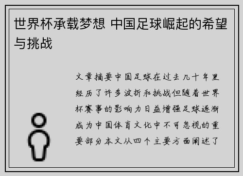 世界杯承载梦想 中国足球崛起的希望与挑战