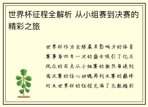 世界杯征程全解析 从小组赛到决赛的精彩之旅