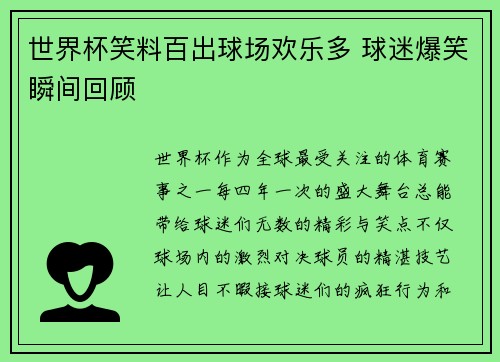 世界杯笑料百出球场欢乐多 球迷爆笑瞬间回顾