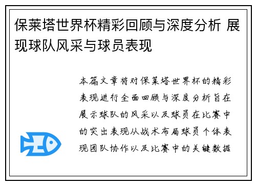 保莱塔世界杯精彩回顾与深度分析 展现球队风采与球员表现